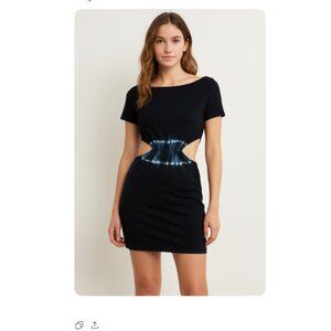 LNA Clothing SZ M Cotton Black Short Sleeve Dress Tie Dye Waist Open Back NWT